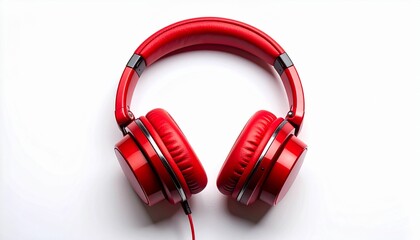 Fototapeta premium Red over-ear headphones with padded headband and cushioned ear cups, glossy finish, synthetic leather texture; symmetrically positioned on white background.
