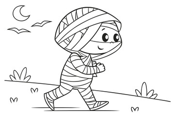  black and white line drawing of a cute, cartoon mummy walking across a grassy hill