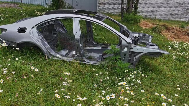 Weathered gray car body shell lying on grassy field, revealing extensive damage and stripped components in desolate junkyard setting