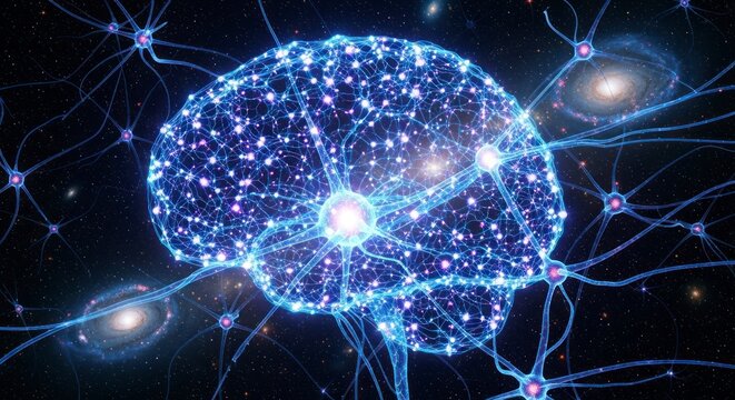 Cosmic Mind: A Luminous Brain Formed by a Neural Network Glowing Amidst Galaxies and Stars