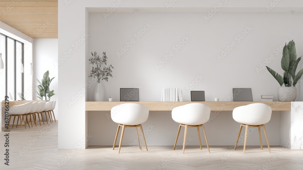 Aufkleber modern workspace with minimalistic design featuring wooden tables and white chairs in a bright open 