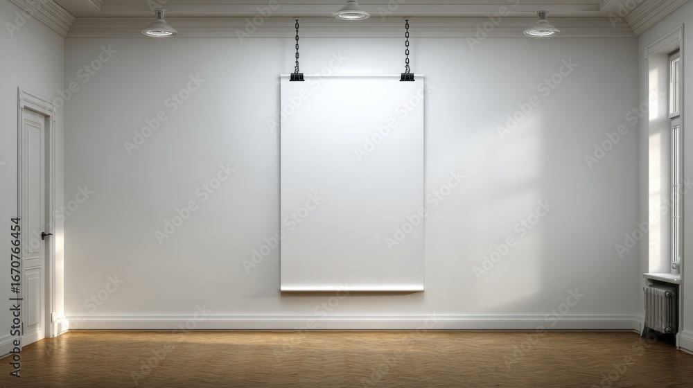 Poster white gallery space featuring an empty canvas ready for art display in a bright and minimalistic env