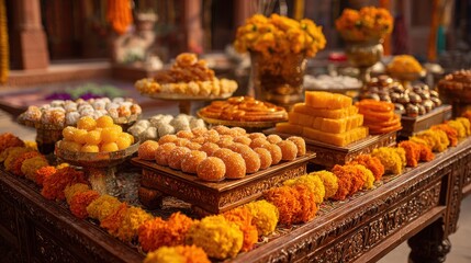 Fototapeta premium Ornate Diwali Sweets Display Featuring Intricately Decorated Ladoos and Jalebi Spirals Celebrating Cultural Traditions and Festive Joy