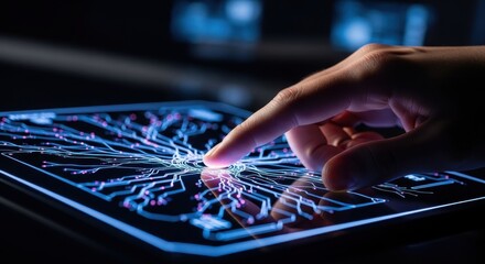 Woman's finger interacts with glowing brain circuit on a digital tablet screen for future education concept