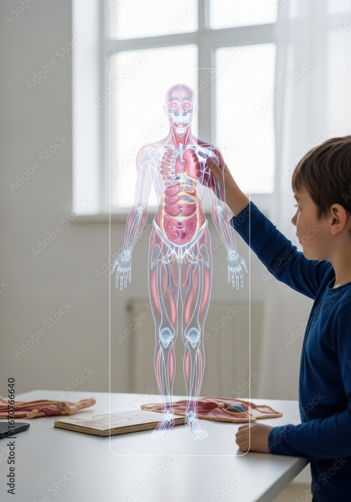 Poster caucasian boy exploring human anatomy with augmented reality display. digital education and future l