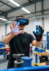 Man wearing VR headset interacting with virtual engineering designs. Future education for industrial design and augmented reality.