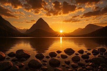Golden sunset reflecting on mountain lake with dramatic sky and peaceful calm water.
