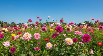 Obraz premium A vibrant mix of garden dahlias in full bloom under a clear blue sky