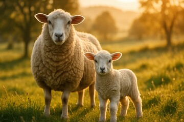 Fototapeta premium Two sheep standing together on a sunny green meadow, rural landscape.