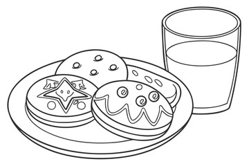 black and white illustration shows a plate with three decorated cookies and a glass of milk. 