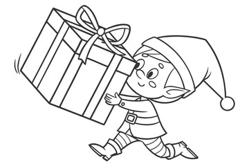 black and white illustration of a cheerful elf carrying a large, striped gift