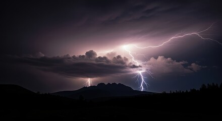 Bright lightning strikes over dark mountain peaks and cloud during a dramatic night storm. Meteorology and power of nature concept.