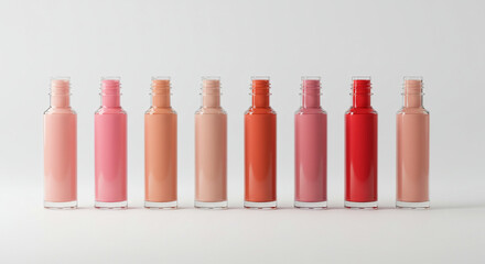 Collection of lip gloss bottles in various shades, arranged in a row against a white background.