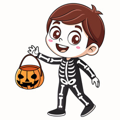 Happy Boy in Skeleton Costume with Pumpkin Basket Halloween Vector