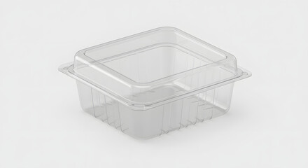 Clear plastic clamshell food container, top view on white background, realistic mockup style