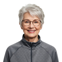 Fototapeta premium Smiling senior woman with short gray hair and glasses wearing a gray athletic jacket isolated on transparent background