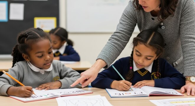 Elementary classroom learning with young african and hispanic girls focused on writing activity