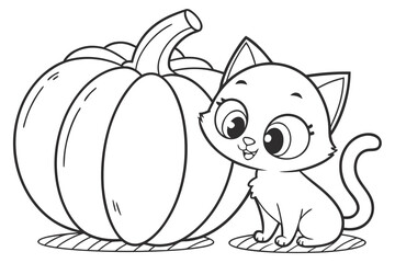  cute, black and white cartoon illustration of a kitten and a pumpkin.