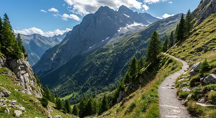 Fototapeta premium Winding alpine trail with picturesque mountain vistas, evergreen forests and bright sky offering