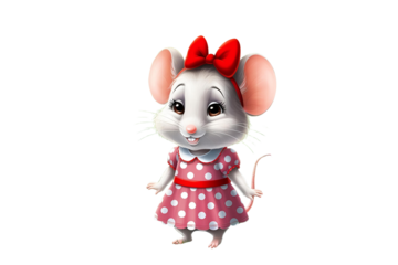 a mouse wearing a red polka dot dress and a red bow on her head, showcasing a detailed form, with her features and pose, no background.