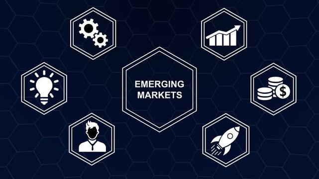 sees the inscription: Emerging markets ,new business concept ,tee icon attached around the map features the concept of network and technology confirmed. the map is rotating ,specify all icons