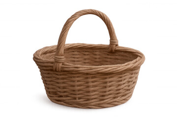 Woven wicker basket with a sturdy handle, perfect for picnics, shopping, or storage, isolated on a transparent background