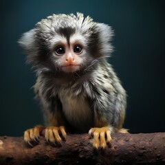 Obraz premium Portrait of a cute pygmy marmoset monkey baby on a branch looking at the camera with big eyes