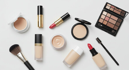 Overhead view of various makeup products arranged on a clean, white surface, ready for use.