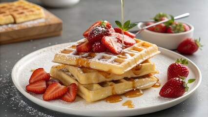 Delicious stack of waffles topped with fresh strawberries and syrup