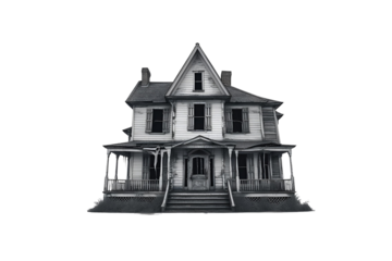 a haunted house with a classic design, this is set on a white area, the image is designed to scare anyone, and the rendering has quality, a perfect halloween, no background.