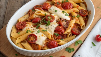 Delicious baked penne pasta with tomatoes and mozzarella
