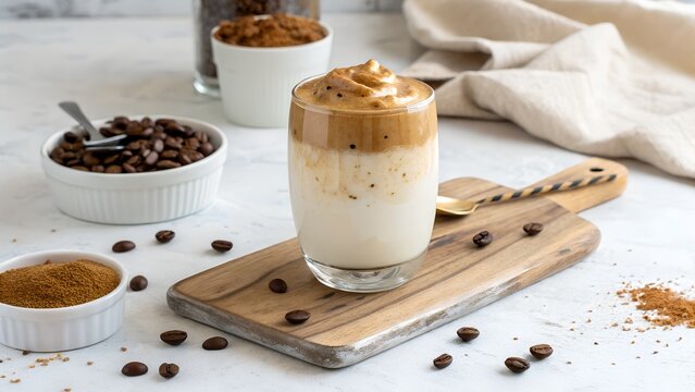 Frothy dalgona coffee drink with whipped topping and coffee beans