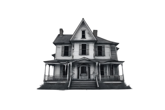 a haunted house with a classic design, this is set on a white area, the image is designed to scare anyone, and the rendering has quality, a perfect halloween, no background.