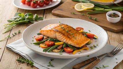 Delicious pan seared salmon with fresh vegetables