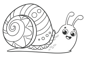 black and white line drawing of a cartoon snail. The snail has a large, swirly shell decorated with various patterns and shapes