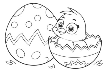 black and white line drawing features a cute baby chick hatching from an Easter egg