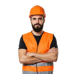 Focused construction worker with beard wearing orange hard hat and high visibility vest with arms crossed isolated on transparent background