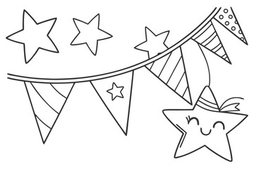  black and white line drawing featuring a string of triangular bunting flags and several stars.