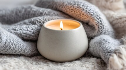 A soft, light gray knitted blanket enfolds a gentle, warm candle, creating a tranquil and cozy atmosphere.