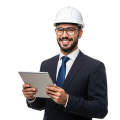 Smiling male construction professional wearing a white hard hat and suit holding a tablet computer isolated on transparent background