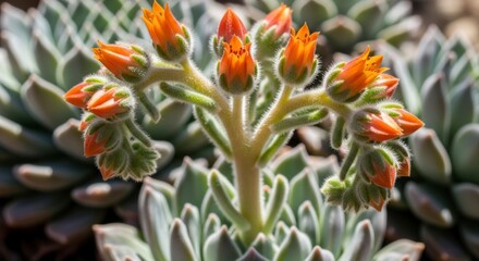 Close-up view of a succulent plant with clusters of vibrant orange flowers, showcasing the delicate details of the foliage and blooms.