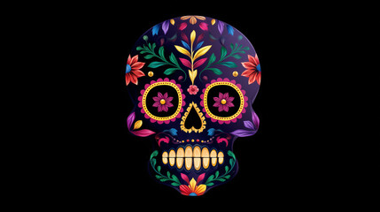A vibrant Mexican sugar skull with colorful patterns, Mexican skull, Dia de los Muertos, sugar skull art, festive design, cultural horror
