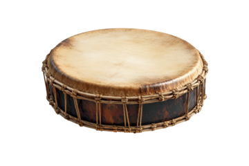 Traditional wooden drum with natural skin isolated on transparent background