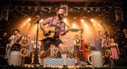 Man playing guitar and singing on stage with band. Oktoberfest celebration with beer mugs and pretzels. German festival event.