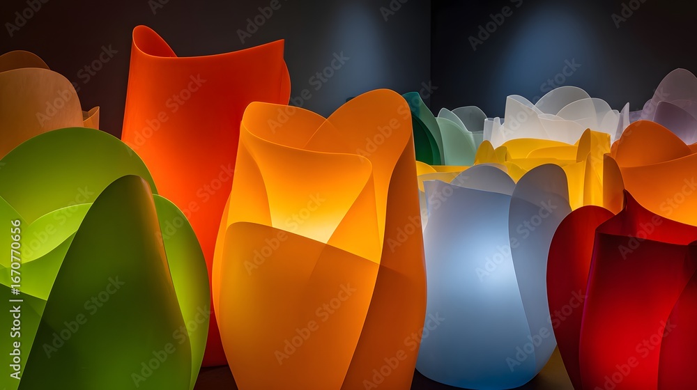 Poster multicolored, luminous, sculpted forms create an abstract visual display.