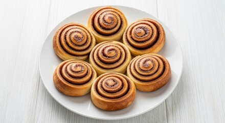 Fototapeta premium Delicious freshly baked cinnamon rolls on white plate with sugar topping