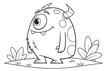 black and white line drawing of a cartoon monster. The monster is round and furry with one large eye, 