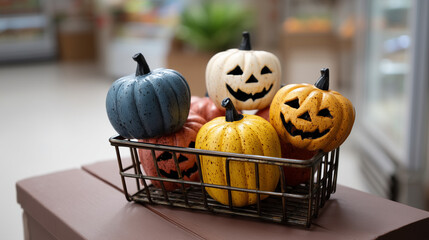 Colorful pumpkin decorations in a mini shopping cart for Halloween, Halloween decor, spooky cart, festive pumpkins, eerie display, autumn promotion