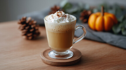 A glass cup of pumpkin spice latte on a wooden table, pumpkin spice latte, autumn drink, cozy beverage, festive coffee, fall aesthetic