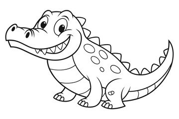  black and white cartoon illustration of a smiling alligator. It has large, expressive eyes, a wide grin revealing sharp teeth